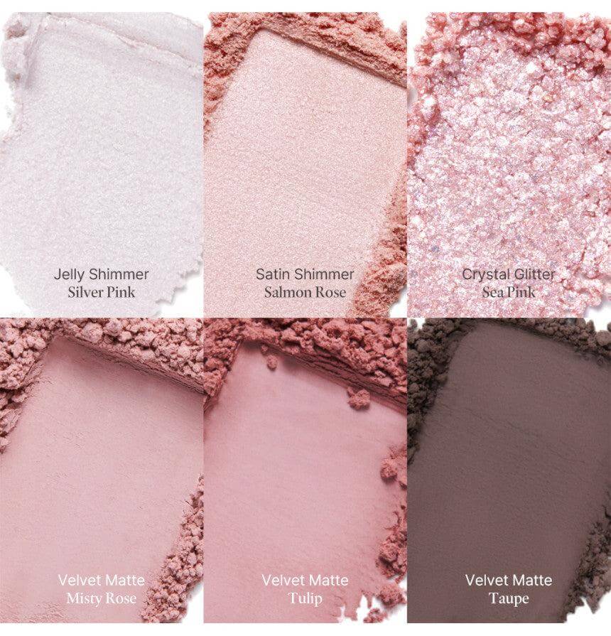 Laka Forever 6 Eye Palette shades: Jelly Shimmer Silver Pink, Satin Shimmer Salmon Rose, Crystal Glitter Sea Pink, Velvet Matte Misty Rose, Tulip, Taupe.
