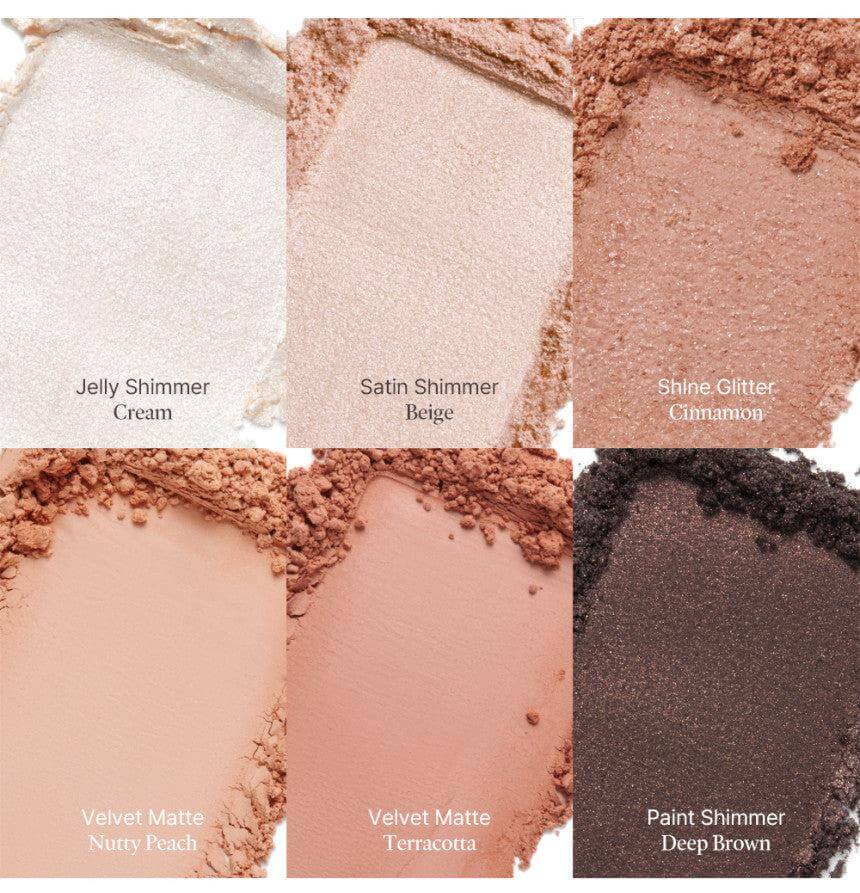 Laka Forever 6 Eye Palette swatches showing Jelly Shimmer, Satin Shimmer, Shine Glitter, Velvet Matte, and Paint Shimmer shades.
