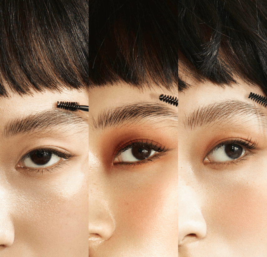 Three close-up images showing well-groomed brows using Laka Wild Brow Shaper gel in different styles.