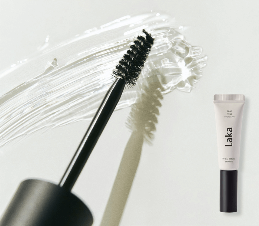Laka Wild Brow Shaper gel brush on a sleek background, showcasing its transparent formula for defined brows.