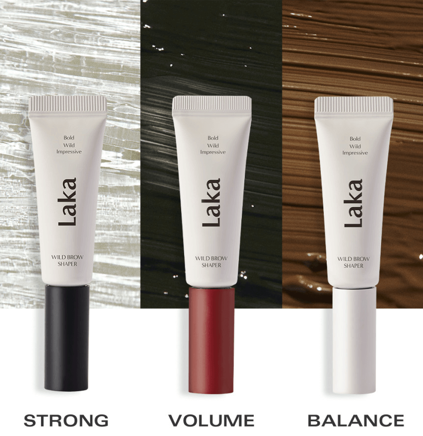 Laka Wild Brow Shaper gel in Strong, Volume, and Balance versions for defined, tame brows.