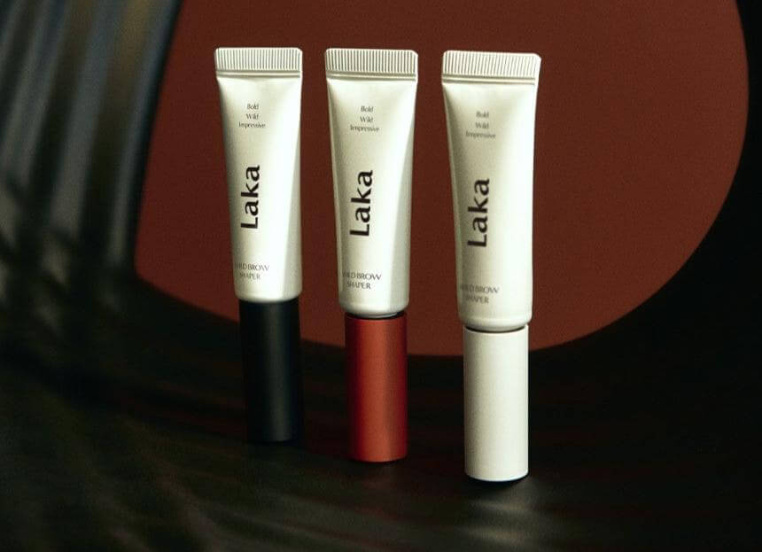 Laka Wild Brow Shaper gels in three versions: Strong transparent, Volume black tint, and Balance brown tint.