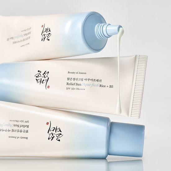 Beauty of Joseon Relief Sun Aqua Fresh Rice + B5 SPF50+ PA++++, hydrating sunscreen in elegant tube design.