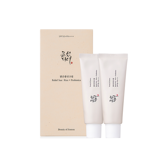Beauty of Joseon Relief Sun: Rice + Probiotics double pack with SPF50+ PA++++ for effective sun protection.