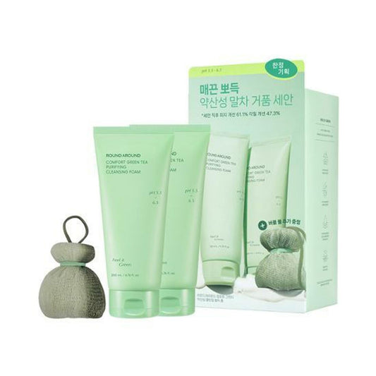 ROUND AROUND 舒适绿茶净化洁面泡沫200ml+200ml+抹茶泡泡球（双件套）
