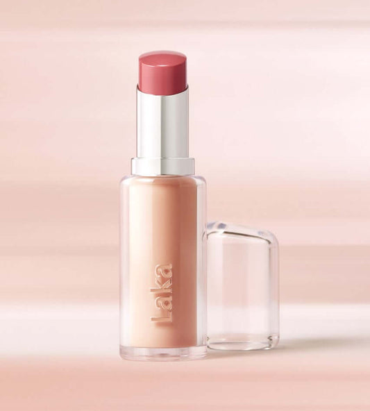 Laka Bonding Glow Lipstick showcasing luxurious color and smooth, non-sticky texture in a stylish clear tube.