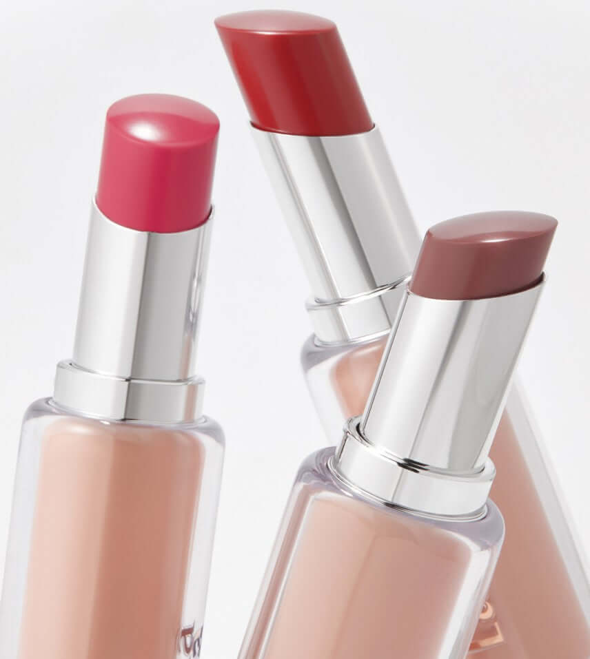 Laka Bonding Glow Lipstick in three luxurious shades: pink, red, and nude, showcasing smooth, glossy finishes.