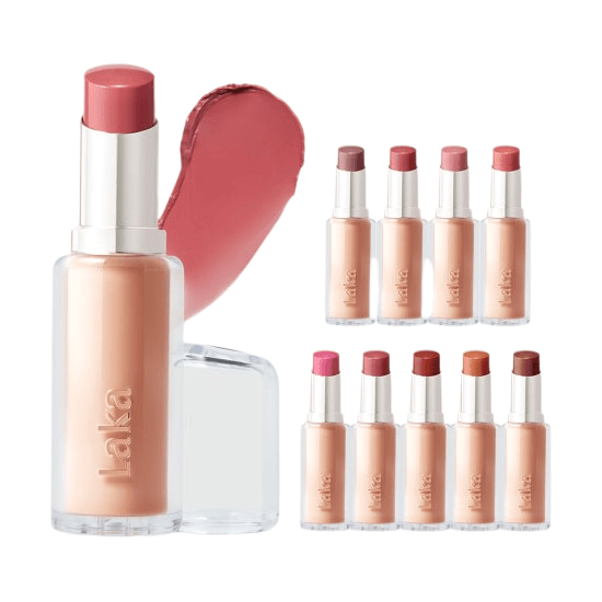 Laka Bonding Glow Lipstick in various shades, showcasing its glossy finish and luxurious color options.