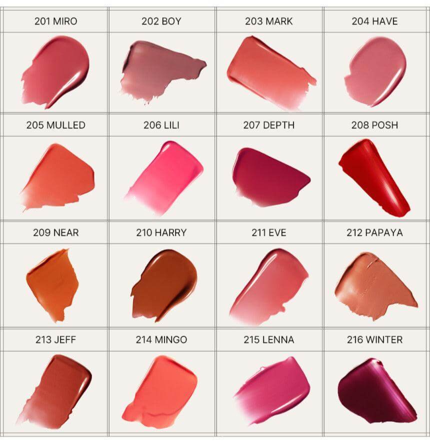 Swatches of Laka Bonding Glow Lipstick in 16 luxurious colors, showcasing unique nudes and deep accents.