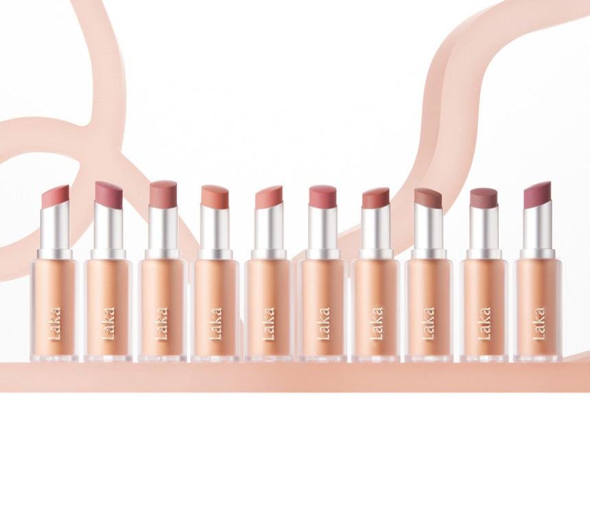 Laka Bulky Matte Lipstick collection showcasing various shades including muted apricot beige and rosy pink.