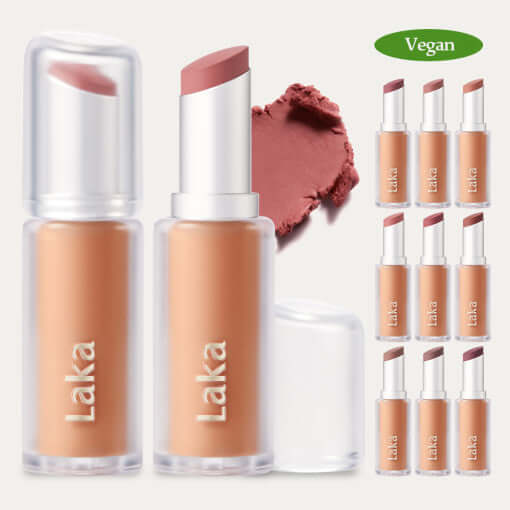 Laka Bulky Matte Lipstick in a vegan formula, showcasing rich colors and a blurred finish for luscious lips.