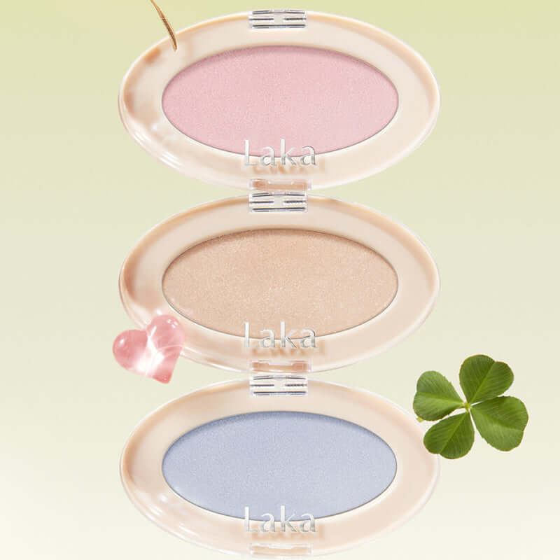 Laka Dreambeam Highlighter showcasing three shades in packaging for a dewy, vegan-friendly glow.