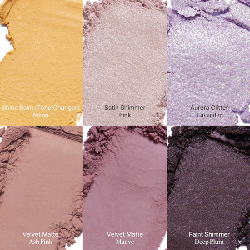 Laka Forever 6 Eye Palette shades: Moon, Pink, Lavender, Ash Pink, Mauve, Deep Plum in rich textures.