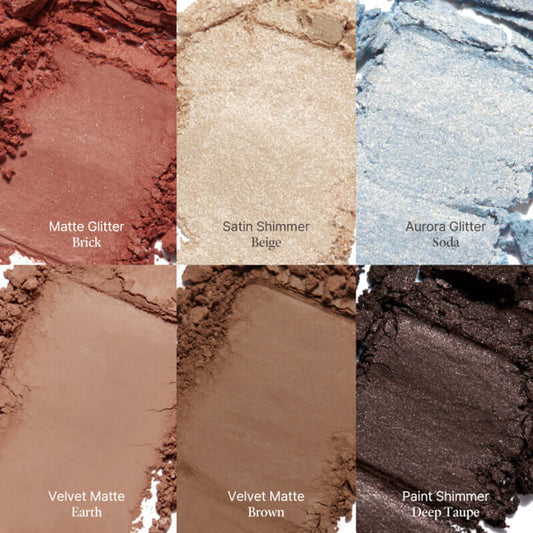 Laka Forever 6 Eye Palette shades: Matte Glitter Brick, Satin Shimmer Beige, Aurora Glitter Soda, Velvet Matte Earth, Brown, and Paint Shimmer Deep Taupe.