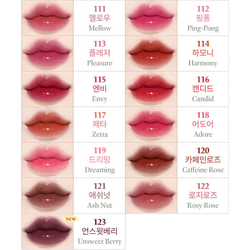 Swatches of Laka Fruity Glam Tint shades with vibrant colors for a glossy lip finish.