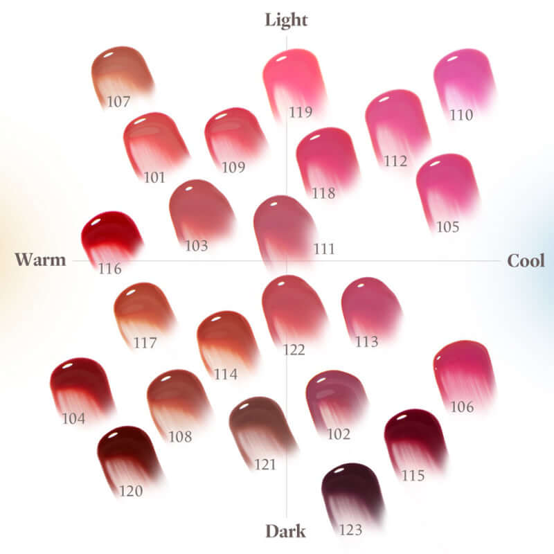 Color swatches of Laka Fruity Glam Tint in light, warm, cool, and dark shades with gradient effects.