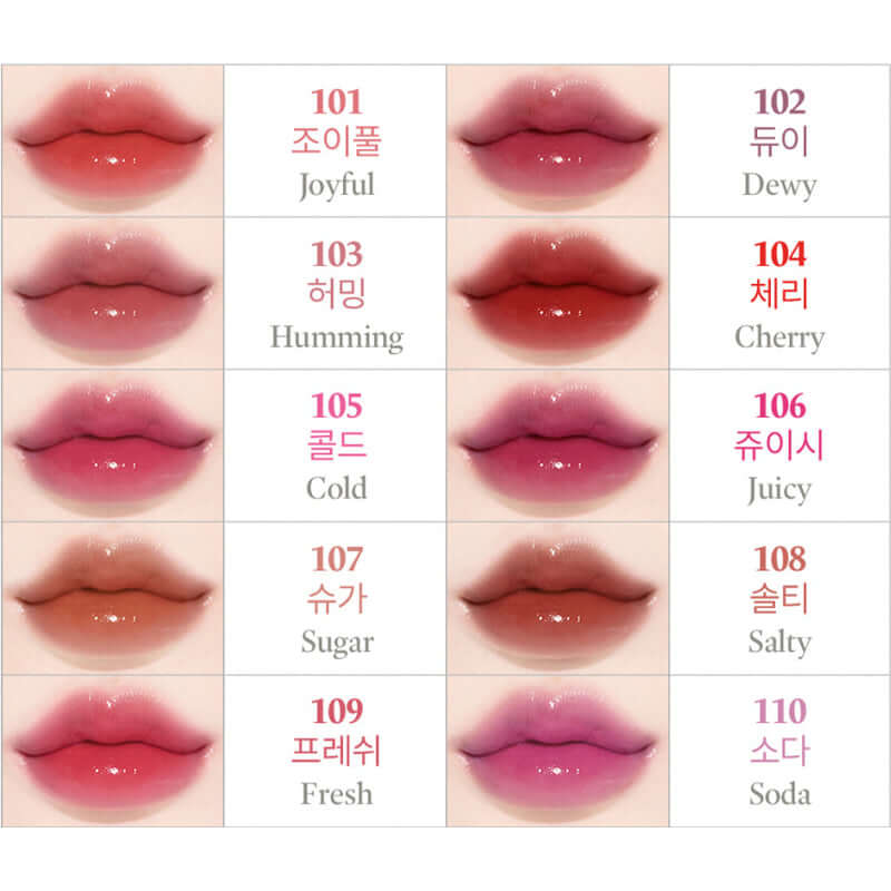 Laka Fruity Glam Tint shades chart featuring vibrant lip colors: Joyful, Dewy, Cherry, Humming, Cold, Juicy, Sugar, Salty, Fresh, Soda.