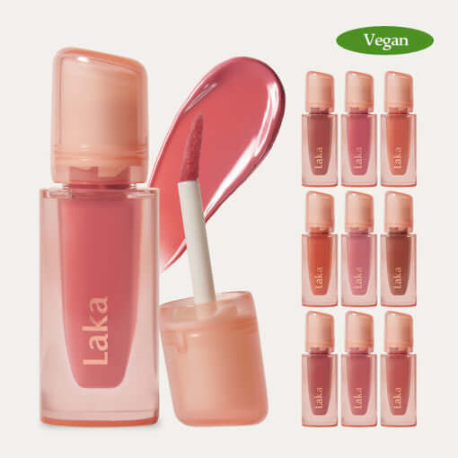 Laka Jelling Nude Gloss in pink shade with applicator, showcasing 6 Y2K lip tint shades, vegan formula.