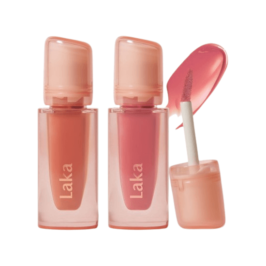 Laka Jelling Nude Gloss: two lip gloss bottles with a lip applicator, showcasing Y2K-inspired shades and hydrating gel-oil formula.