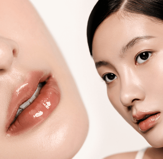 Close-up of moisturized lips with a glossy finish, showcasing the Laka Soothing Vegan Lip Oil for nourishing lip care.