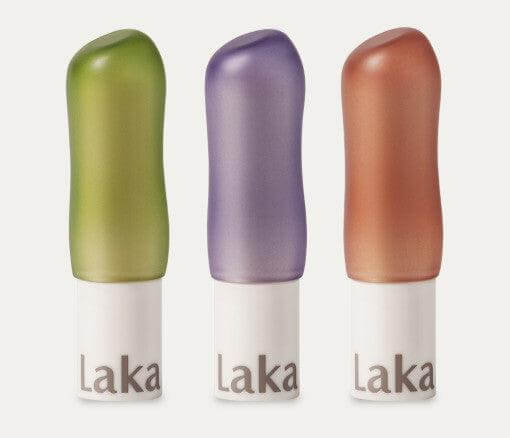 Laka Soul Vegan Lip Balm in three shades: green, purple, and brown, in gender-neutral packaging.