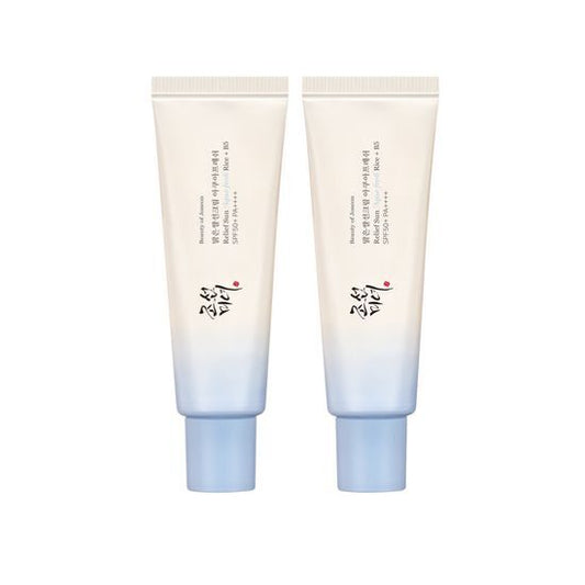 Beauty of Joseon Relief Sun Aqua Fresh Rice + B5 SPF50+ PA++++, two tubes for hydrated, UV protection.