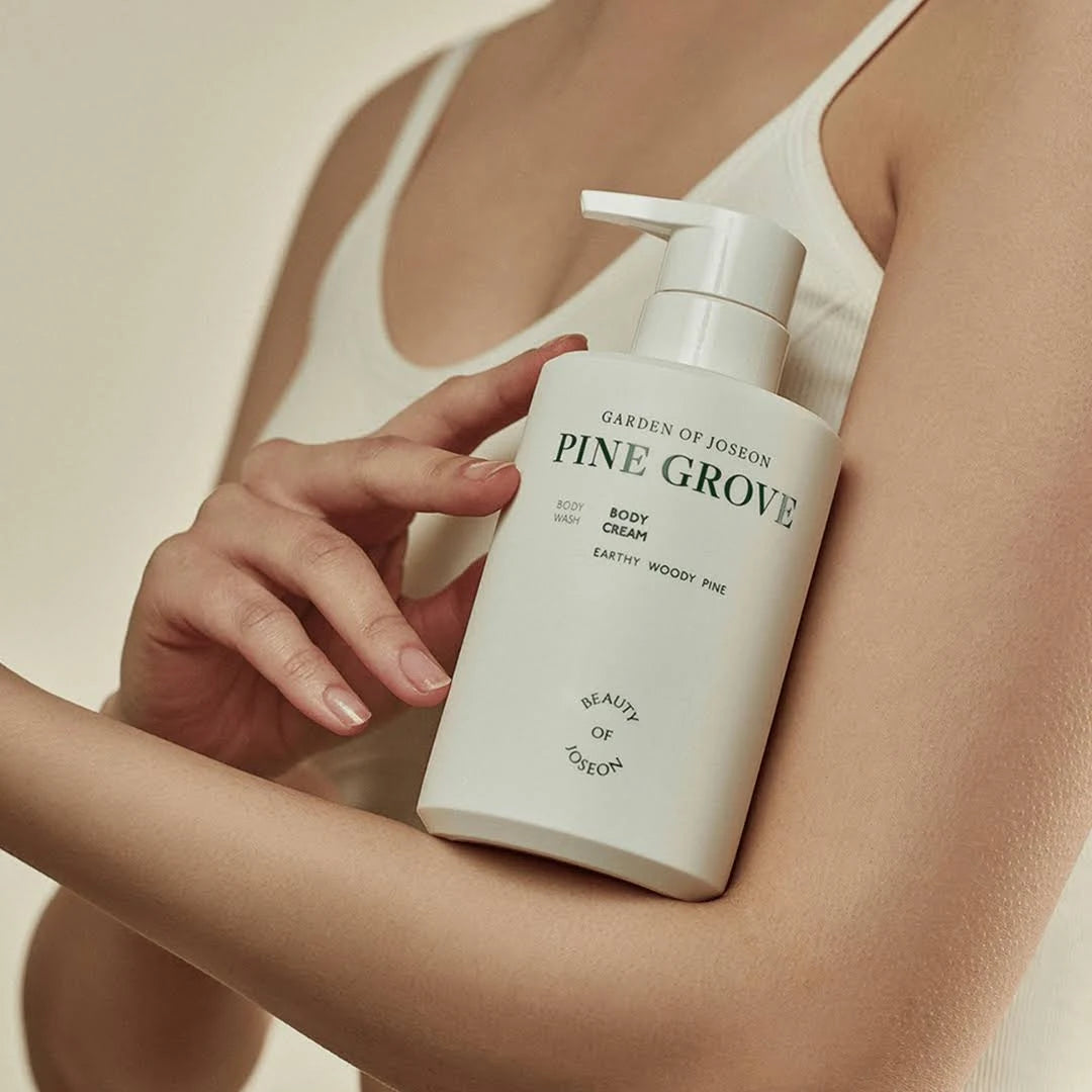 Beauty of Joseon Pine Grove Body Cream 400ml with earthy woody pine scent, perfect for self-care rituals.