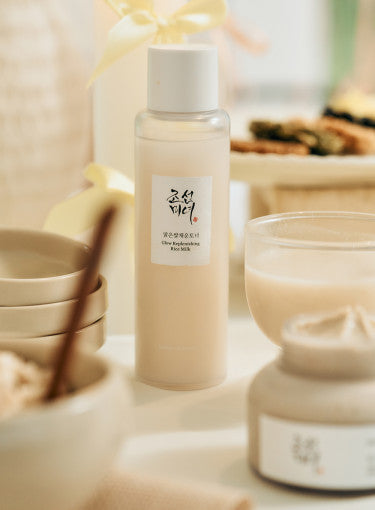 Beauty of Joseon Glow Replenishing Rice Milk 150ml with rice grains, showcasing hydration and nourishment for skin.